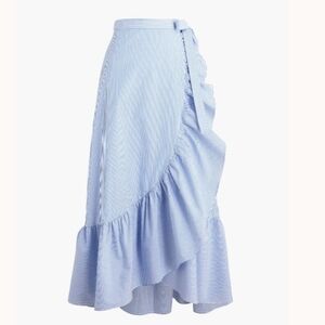 J. Crew Ruffle Wrap Poplin Midi Skirt Blue White Striped 14